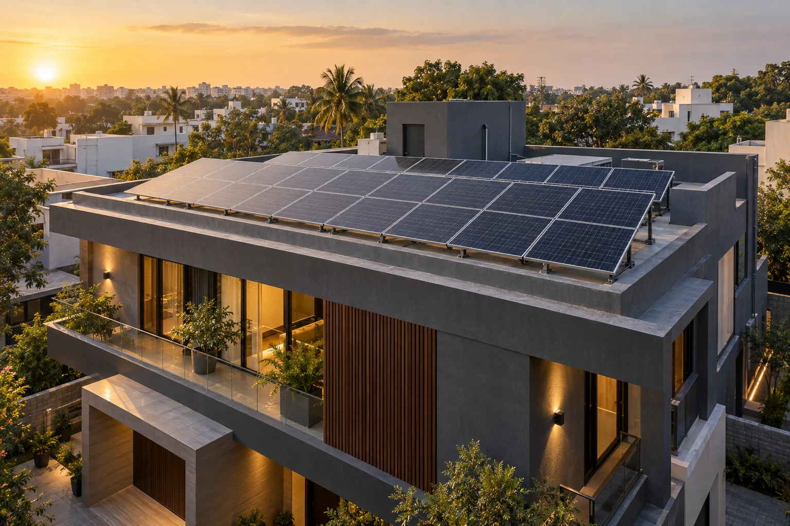 Illustration of a contemporary home with rooftop solar panels